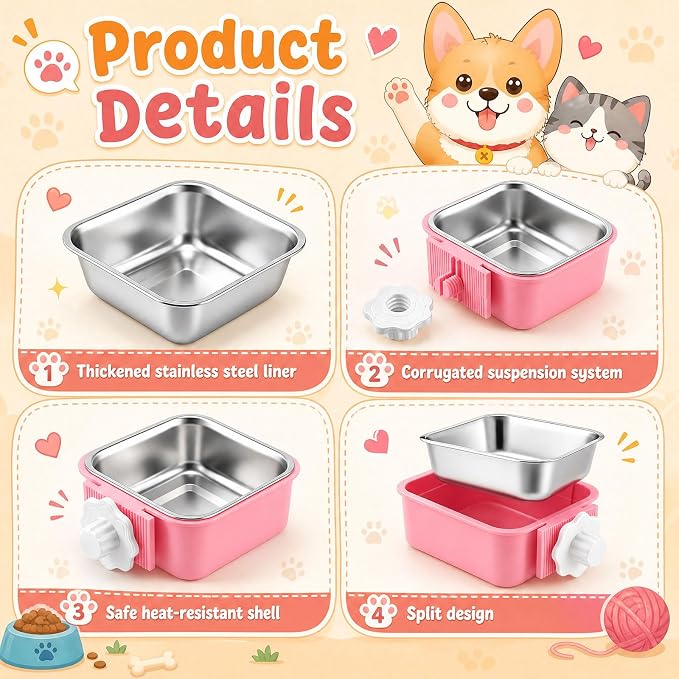 LemonRoad 12 Pcs Dog Crate Water Bowl Bulk No Spill Hanging for Kennel Removable Stainless Steel Puppy Food Water Feeding Bowls Cage Coop Cup for Dogs Cats Rabbits Birds Ferret(Square Bowl) - Image 3
