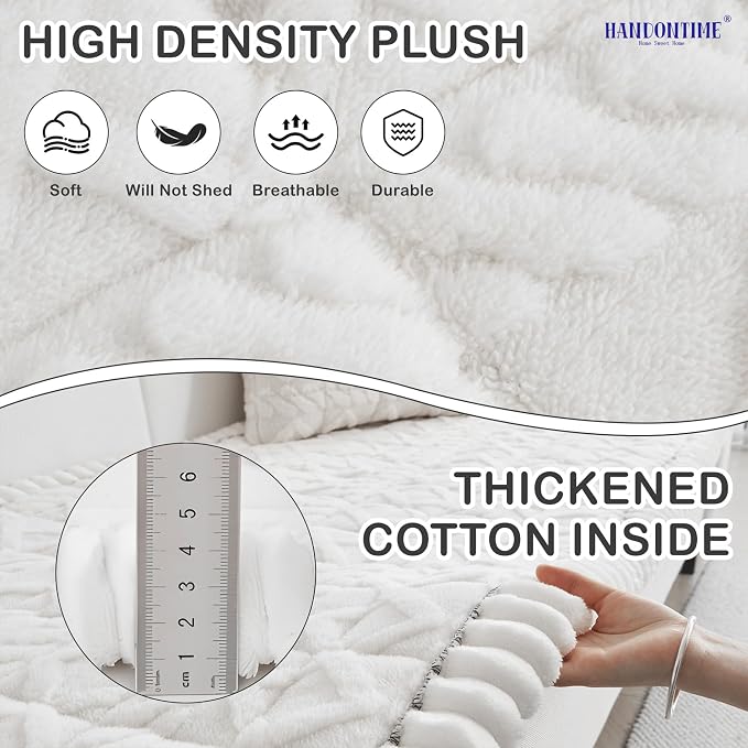 HANDONTIME Fuzzy Plush Couch Covers for Dogs Pet-Friendly Sofa Cover with Jacquard Geometric Design Washable Pet Couch Covers Thick Non-Slip Sofa Protector for Dogs, Cats, Kids (White, 27.6" x 70.9") - Image 2