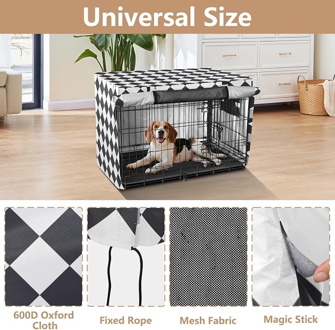 Dog Crate Cover Kennel Cover for Dog Cages Breathable for Wire Cage Indoor Outdoor Geometric Diamond Chess Black and White - Image 4