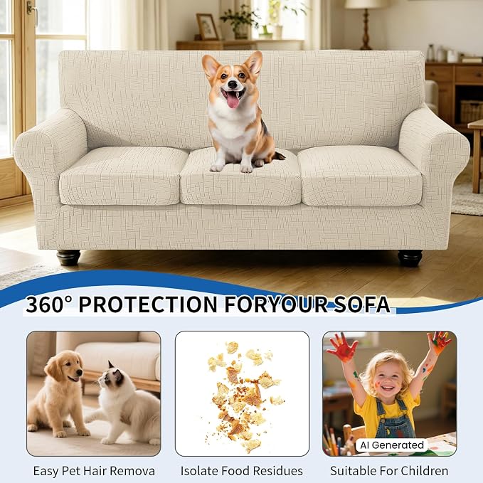 CYCMCAO 4 Piece Stretch Sofa Covers for 3 Cushion Couch, Non Slip Couch Covers for Sofa, Sofa Covers for Pets Washable, Couch Covers for Dogs,Kids (Beige), 71"-91" (3 Cushion Sofa) - Image 5