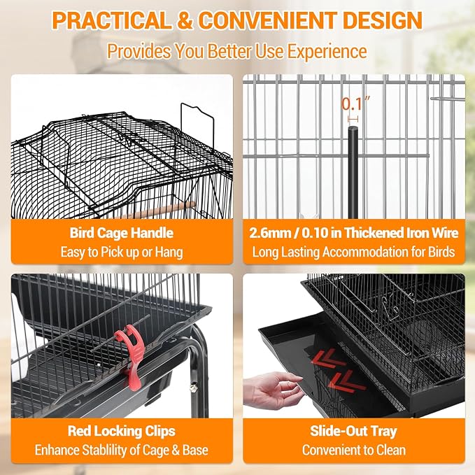 Garvee Open Top Large Parrot Bird Cage, Hanging Bird Cage with Detachable Rolling Stand and Storage Shelf, Playtop Parrot Cages Heavy-Duty Pet Birds House for Cockatiel Black - Image 8