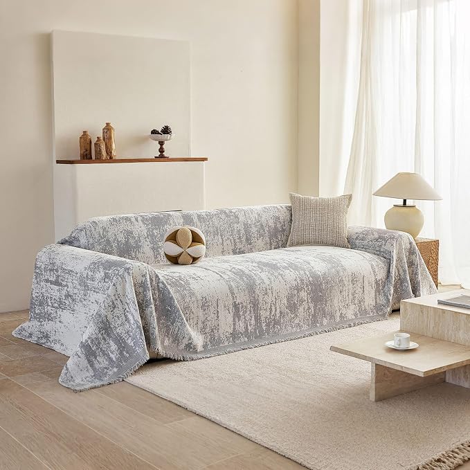 STACYPIK Abstract Geometric Couch Cover for Sectional, Chenille Aesthetics Loveseat Couch Protector for 3 Cushion Couch, Non Slip Gray Jacquard Pet Sofa Covers Washable, Couch Covers Blanket-71X134IN - Image 2