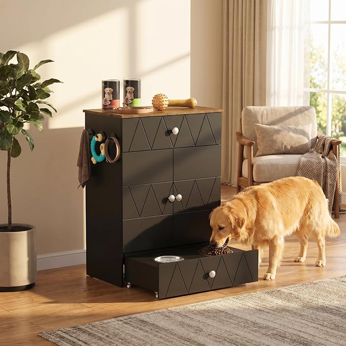 Pet Feeding Station with Storage, Raised Dog Bowls, Pet Feeder Cabinet, with Adjustable Shelves, Rolling Drawer, Hooks, for Feeding & Watering Supplies (Black) - Image 8