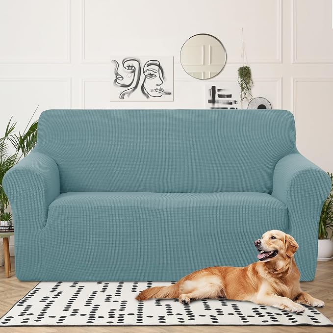 U-NICE HOME Oversized Stretch Loveseat Couch Cover, Light Blue | 2 Cushion Sofa, 1-Piece Sofa cover, Washable, Pet friendly, Furniture protector, Polyester Spandex Jacquard fabric - Image 2