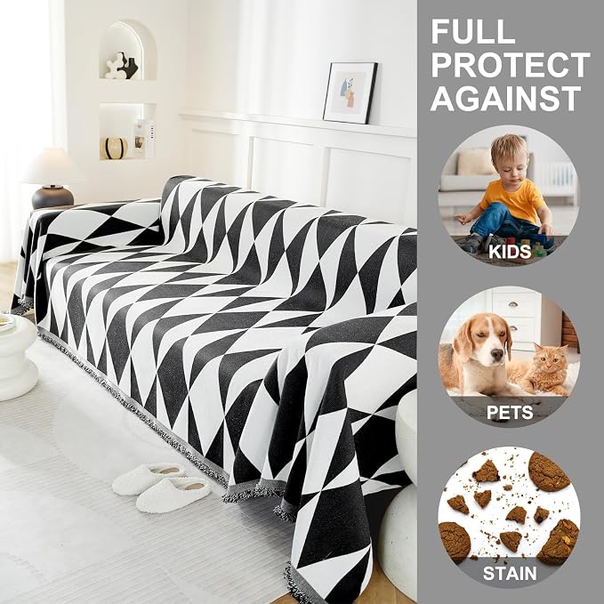 Couch Cover for Sofa, Boho Sofa Cover Washable Couch Cover for Dogs, Pet Sofa Cover for 2-Cushion Couches with Tassel Furniture Protector Cover,71" x 118",Black & White-Diamond - Image 4