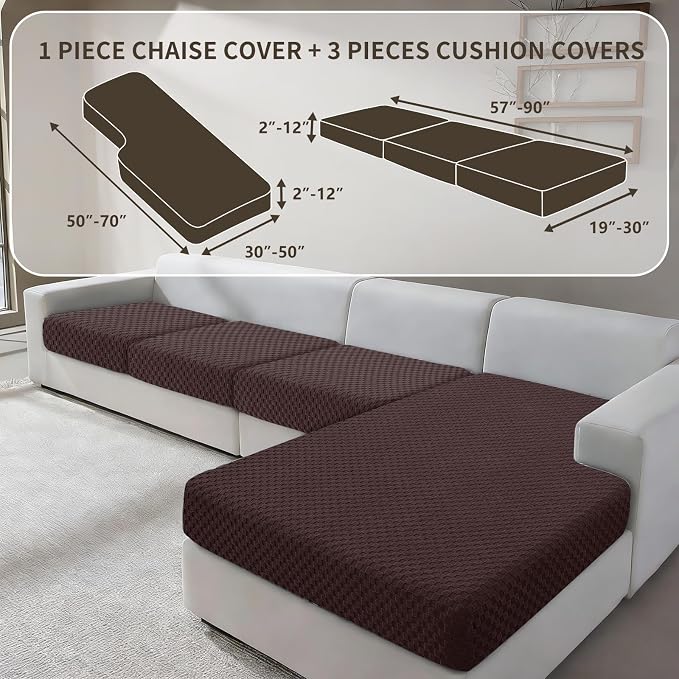 YEMYHOM Couch Cushion Covers for Sofa, Stretch Sectional Couch Seat Cushion Covers Washable Thick Furniture Protector Sofa Slipcovers for Pets (3 Seater + 1 Chaise, Dark Coffee) - Image 2