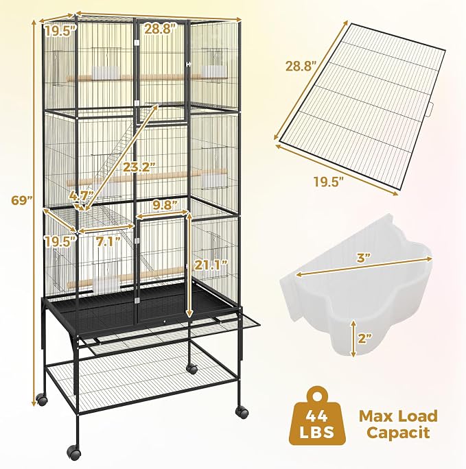69" H Large Bird Cage, Bird Cage with 3-Tier Platforms, Ladders, Perches, Feeder, Wide Birdcage for Parakeets, Conures, Lovebirds, Quaker, Cockatiels, Budgie, Black - Image 2