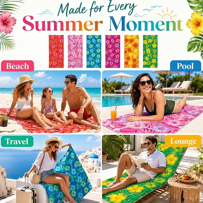 6 Pack Microfiber Beach Towel Set 32x71 Oversized Extra Large Swim Pool Towel Soft Fiber Beach Towels Set Bath Blanket for Summer Travel Spa Swim Accessories Vacation Essential Gift(Tropical Flowers) - Image 6
