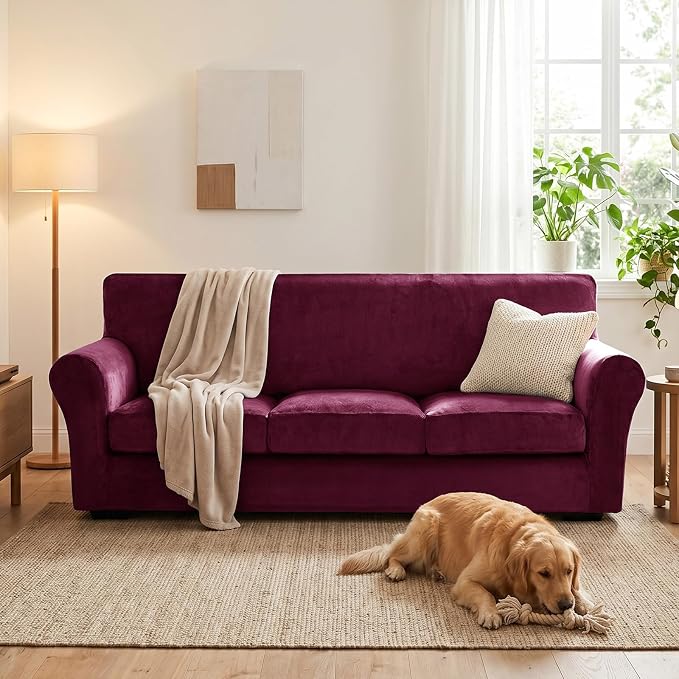 XINEAGE 4-Piece Velvet Sofa Cover,Couch Covers for Dog,Wine Red | 3 Cushion Sofa,Stretch Non-slip Elastic, Pet-friendly, Washable, Fast Setup, Soft Plush Fabric, Furniture Protector. - Image 4