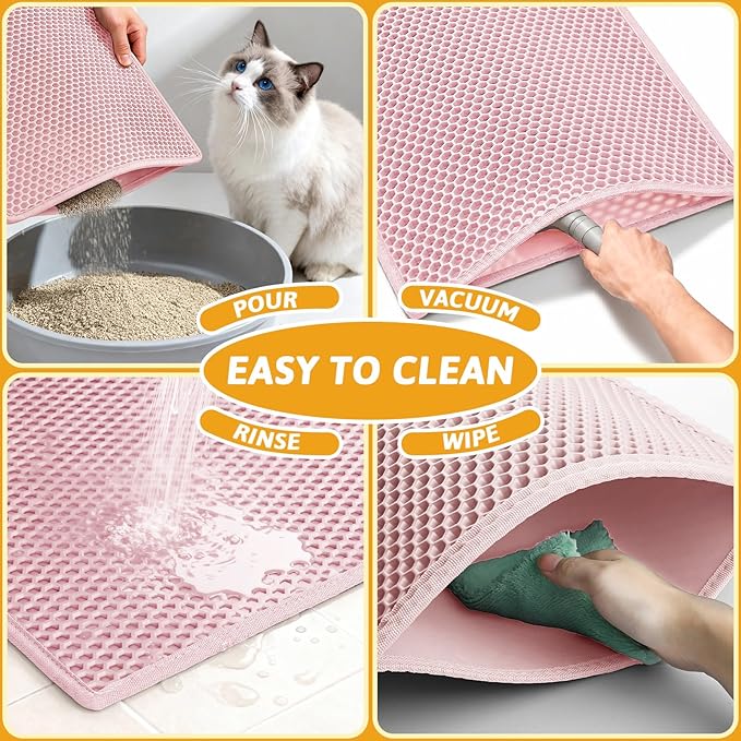 Pieviev Cat Litter Mat, Double-Layer Waterproof Litter Trap, 24" x 15" Pink | Honeycomb Design Catches Scattered Particles to Stop Tracking, Urineproof Base Protects Floors, Easy to Clean - Image 6
