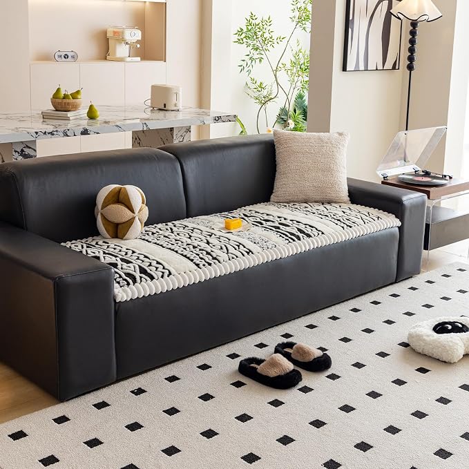 VClife Boho Couch Cover, Soft Fuzzy Couch Covers for Dog, Non-Slip Furniture Protector, Washable Durable Sofa Covers for Couch/Bench, Tribal White Black Geometric Slipcover, 27.6" x 82.7" - Image 7