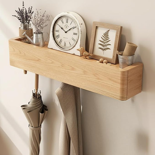 CycleCrew Solid Wood Wall Mounted Coat Rack with Shelf Hooks - Modern Floating Shelves with 5 Hidden Hooks, Heavy Duty Entryway Coat Key Holder Hanger for Hallway Bathroom Bedroom Home Decor by Unknown