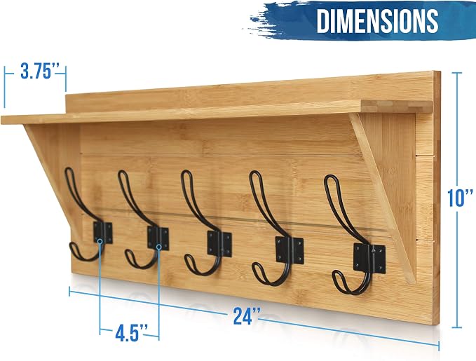 HBCY Creations Rustic Wall Mounted Coat Rack with Shelf - Solid Wood 24" Entryway Shelf with 5 Coat Hangers. Perfect Touch for Your Entryway, Mudroom, Kitchen, Bathroom and More, Bamboo - Image 2