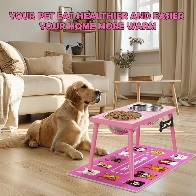 ADENGL Raised Dog Bowl Stand for Large Medium Dogs, Elevated Dog Bowls with Sprill Proof Mat &Two 58OZ Stainless Steel Bowls,Pink - Image 6