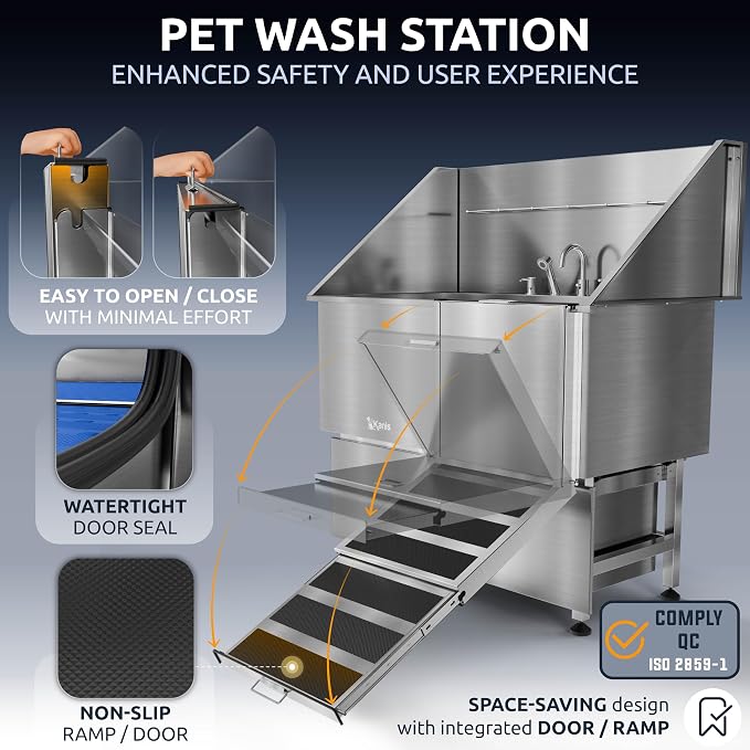 KANIS Professional Dog Washing Station 304 Stainless Steel Pet Wash Sink | Grooming Bathtub w/Shower, Floor Grates and Storage for Large, Medium & Small Pets - Image 4