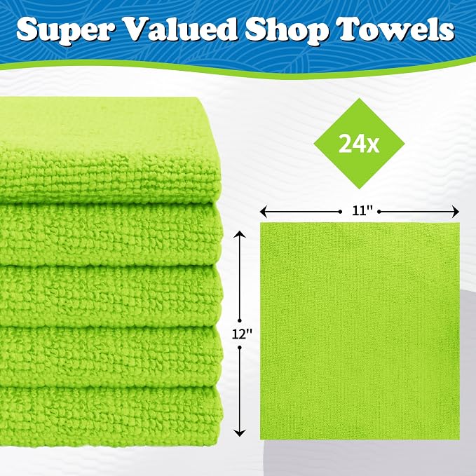 FIXSMITH Microfiber Cleaning Cloth, Shop Towels Bulk, 24 Pack Green Microfiber Towels for Cars, All-Purpose Absorbent Cleaning Rags, Dust Cloth for Automotive, Mechanic, Garage, Bar, 12 x 11 inch - Image 2