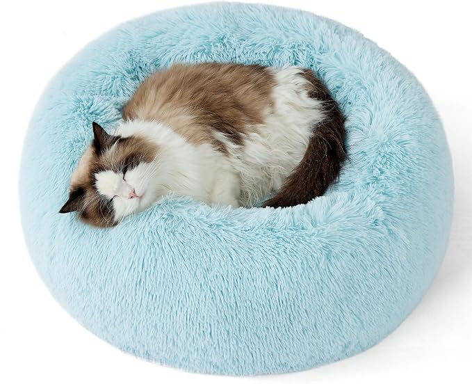 Bedsure Calming Cat Beds Donut Round Washable Kitten Bed,20 inches | Fluffy Faux Fur Cuddler,Anti-Slip Bottom,Anti-Anxiety,Deep Sleeping for Cats&Small Pets Up to 15 Lbs,Aqua Blue by Unknown