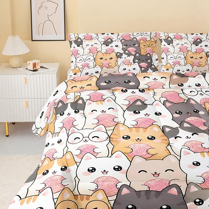 QOOMO Kawaii Cat Comforter Twin Size,Cats Bedding Set for Kids Teens Girls Boys,3Pcs Bedding Set Printed Comforter with 2 Pillowcases,Down Alternative,Soft and Lightweight，Twin Size - Image 4