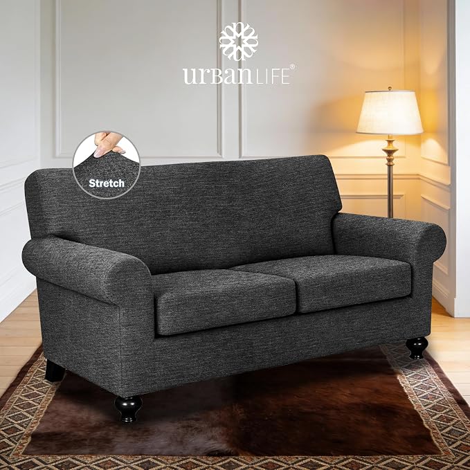 URBANLIFE 3-Piece Stretch Sofa Covers for 2 Cushion Couch, Charcoal Gray | Super fitted spandex slipcovers for couches. Non-slip elastic bottom. Machine washable furniture protector for kids & pets. - Image 2