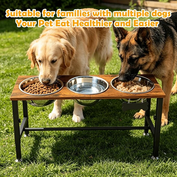 XXLarge Wooden Elevated Dog Bowl Stand – 4 Adjustable Heights (11.8"-17.7"), Wooden & Metal with 3 Stainless Steel Bowls & Splash Pad for Large & Extra Large Breeds - Image 7