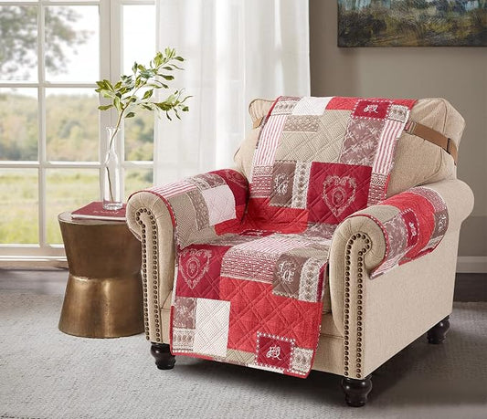 Brilliant Sunshine Burgundy Heart Love Couch Armchair Cover, 23" seat | Patchwork Design, Non Slip Sofa Cover, Quilted Furniture Protector, Washable Chair Slipcover for Pets, Dogs, Dogs & Cats by BrilliantSunshine