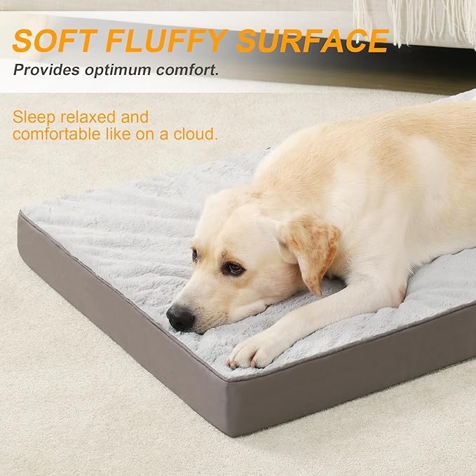 KSIIA Orthopedic Dog Bed, Waterproof, 41 x 27 Inch, Gray, Deluxe Plush, Removable Cover, Durable Zipper, Orthopedic Foam, 3-Inch Thick, For Dogs Up to 80lbs | Deluxe Plush Dog Crate Bed, Washable Pet Mat with Removable Cover, Durable Zipper, Orthopedic... - Image 3