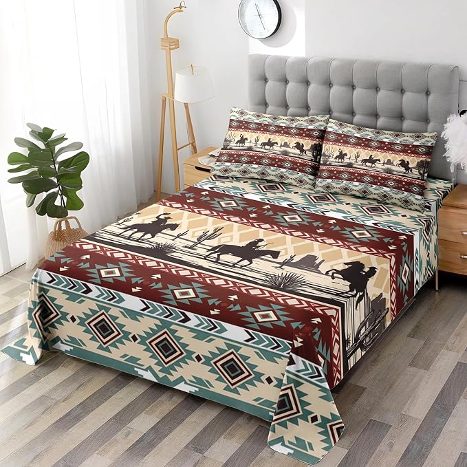 WeCozy Queen Size Bed Sheet Sets with Pillowcases, Tribal Cowboy Horses 4 Pcs Soft Microfiber Bedding for Kids and Adults, Retro Vintage Western Flat, Fitted Sheet for Bedroom Bed Decor - Image 4
