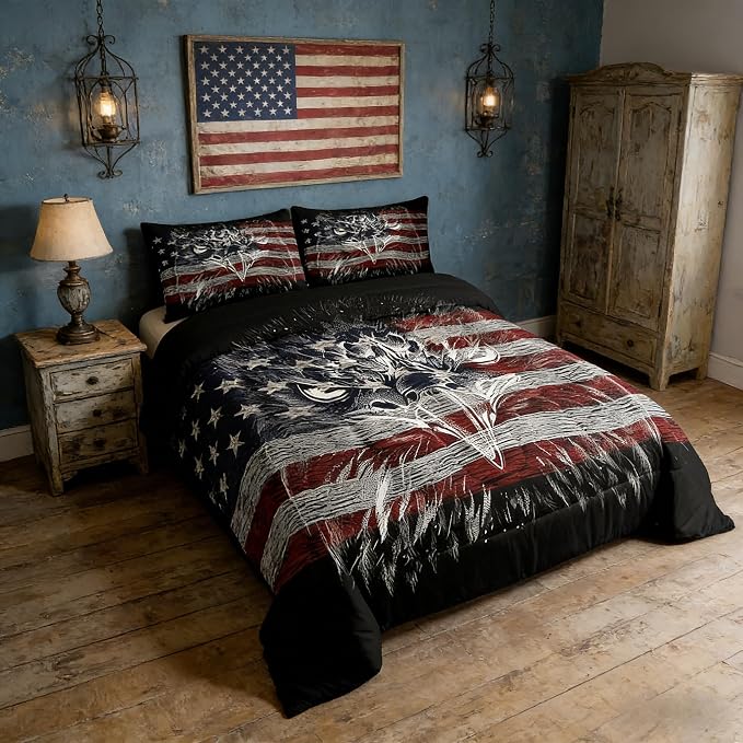 Homewish American Flag Comforter Set Twin Size, Eagle Bird Animal Print Stars Stripes USA Flag Bedding Comforters for Kids Boys Room Decor, American Culture Polyester Duvet Set with 1 Pillowcase - Image 2