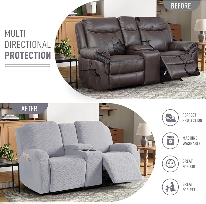 KinCam Loveseat Recliner Covers with Middle Console Slipcover, Silver Gray | Stretch Recliner Sofa Covers for 2 Seat Couch Cover, Jacquard Furniture Protector Covers with Elastic Bottom for Kids, Pets - Image 4