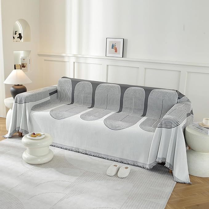 Couch Cover for Sofa, Boho Sofa Cover Washable Couch Cover for Dogs, Pet Sofa Cover for 3-Cushion Couches with Tassel Furniture Protector Cover,71" x 134",Dark Gray-Half-Round - Image 2