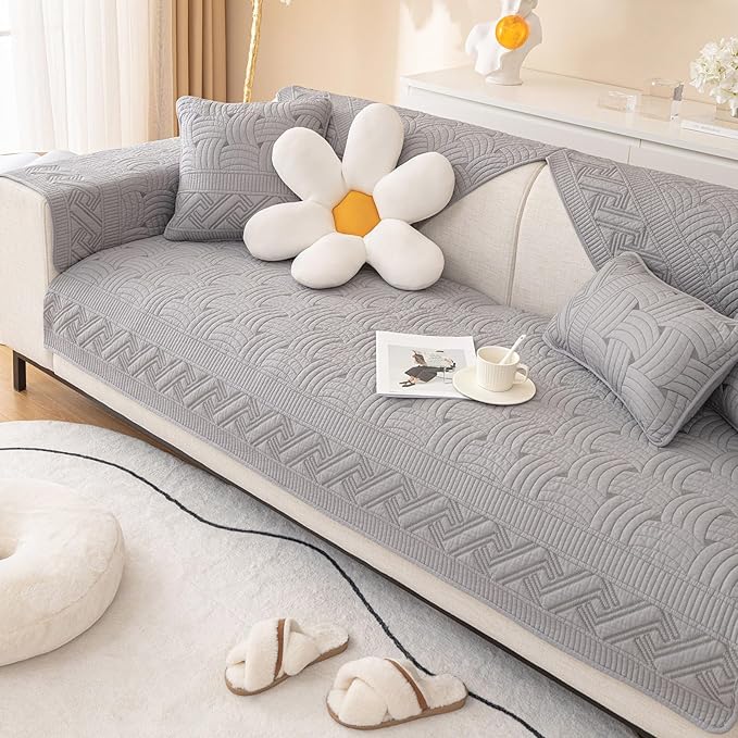 vctops Solid Color Cotton Quilted Sofa Couch Cover Weave Pattern Soft Sectional Couch Covers Embroidery Non-Slip Sofa Slipcover for Dogs, Children, Pets Furniture Protector (Grey,28"x28") by vctops