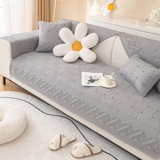 vctops Solid Color Cotton Quilted Sofa Couch Cover Weave Pattern Soft Sectional Couch Covers Embroidery Non-Slip Sofa Slipcover for Dogs, Children, Pets Furniture Protector (Grey,28"x70") by vctops
