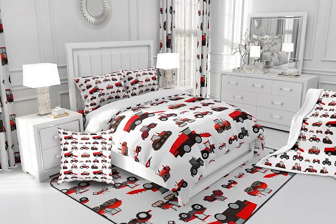 Erosebridal Red Tractor Comforter Set Twin Size Heavy Equipment Truck Down Comforter Kids Boys Girls Teens Harvester Tractor Bedding Set Construction Excavator Farm Equipment Quilt Set - Image 5
