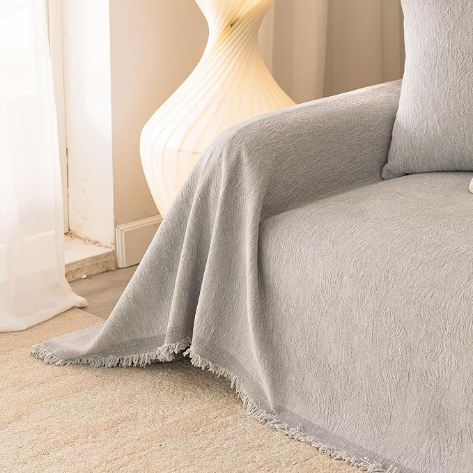 Gray Boho Couch Covers for Sofa Washable for 3 Cushion Couch,71''X150'' | Chenille Furniture Protector Sofa Couch Cover for Dogs, Soft Breathable Sofa Slipcover, Couch Throw Blankets with Tassels - Image 3