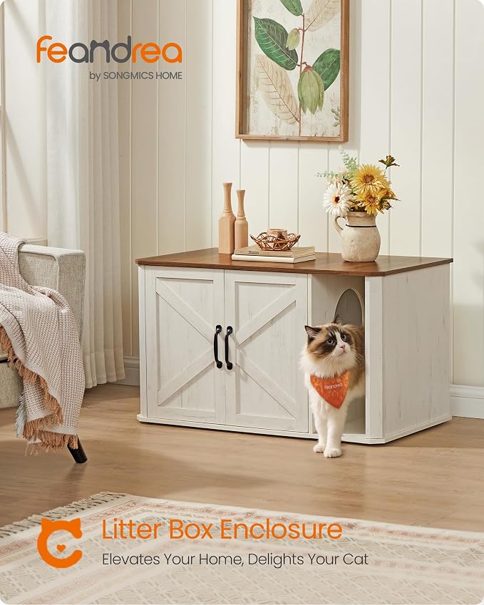 Feandrea Litter Box Enclosure, Modern Cat Litter Box Furniture Hidden, Front Entry, Double Doors, Handles, Cat House, Side End Table, 33.5 x 19 x 19.5 Inches, Honey Brown and Rustic White UPCL012K01 - Image 2