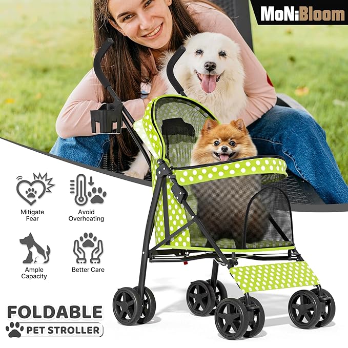 MoNiBloom 4 Wheels Pet Stroller, Easy-Fold Umbrella Shaped Dog Cat Jogger Stroller w/Storage Bag & Visible Mesh for Small/Medium Dogs Cats Lawn Green Polka Dots