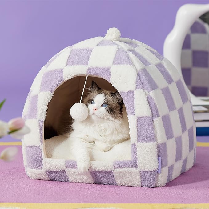 Lesure 2in1 Cute Cat House for Kitten with Washable Cushioned Pillow,17.3in | Cat Beds for Indoor Cats,Small Pet Cave Tent,Cozy Enclosed Foldable Hideaway,Fluffy Ball,Anti Slip Bottom,Hand Strap,Purple - Image 6