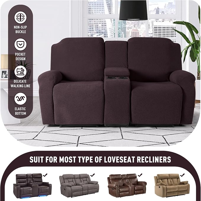 KinCam Loveseat Recliner Covers with Middle Console Slipcover, Dark Coffee | Stretch Recliner Sofa Covers for 2 Seat Couch Cover, Jacquard Furniture Protector Covers with Elastic Bottom for Kids, Pets - Image 4