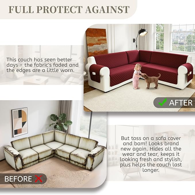 Sectional Couch Covers for Dogs 100% Waterproof Corner L Shaped Sofa Cover Pet Friendly Velvet Washable Anti Slip L Shape Modular Sofa Slipcover Protector with Pockets (Wine Red, Small) - Image 7