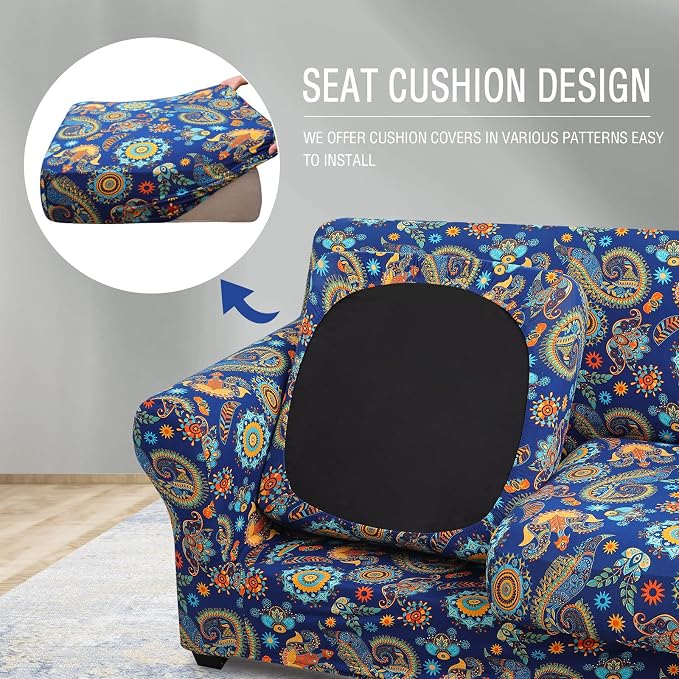 hyha Stretch Couch Cover, Sofa Covers for 2 Separate Cushion Couch Washable | Loveseat Cover, Floral Pattern, Printed, 3 Pieces, 2 Seater Furniture Protector with Elastic Bottom for Dogs, Pet Friendly - Image 2