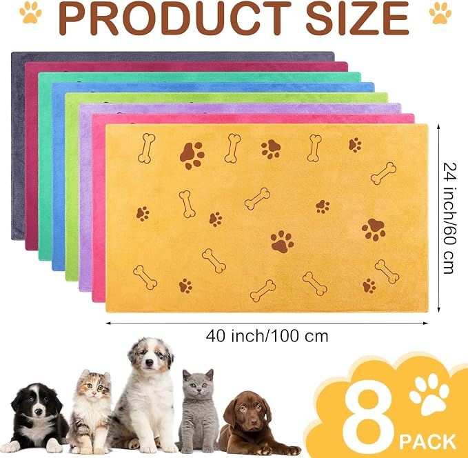 Chumia 8 Pcs Microfiber Dog Towels for Drying Dogs Cats 40 x 24 Inch Pet Towels Bulk for Large Puppy Absorbent Fast Drying Paw Bath Bathing Supplies for Pets(Dog Paw and Bone, Colorful) - Image 2