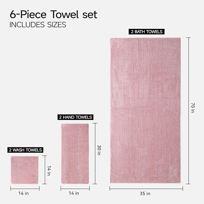 REDKISS 6-Piece Microfiber Bath Towel Set, Ultra Soft, Highly Absorbent & Quick Dry, 35x70 Inch Oversized, Pink Towels for Bathroom, Spa, Gym, 2 Bath 2 Hand 2 Washcloths - Image 3