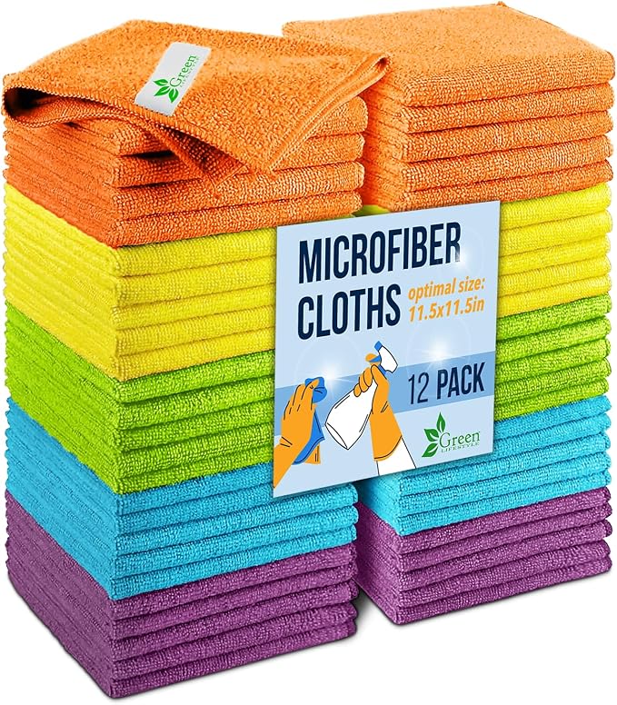 GREEN LIFESTYLE Microfiber Cleaning Cloth 11.5" x 11.5" 12 Pack - Edgeless Microfiber Towels for Cars, Cleaning Rags, Lint Free Car Microfiber Towel, Reusable Cleaning Cloths (Multicolor) by GreenLifeStyle