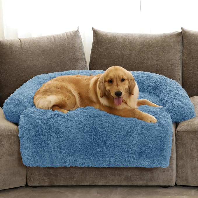 GGIB Calming Dog Bed Fluffy Plush Dog Mat for Furniture Protector with Removable Washable Cover for Large Medium Small Dogs and Cats (Extra Large (53x39.3x6), Navy) by GGIB