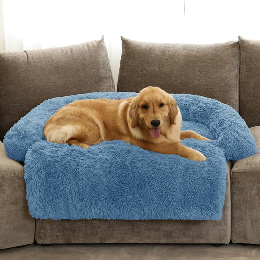 GGIB Calming Dog Bed Fluffy Plush Dog Mat for Furniture Protector with Removable Washable Cover for Large Medium Small Dogs and Cats (Extra Large (53x39.3x6), Navy) by GGIB