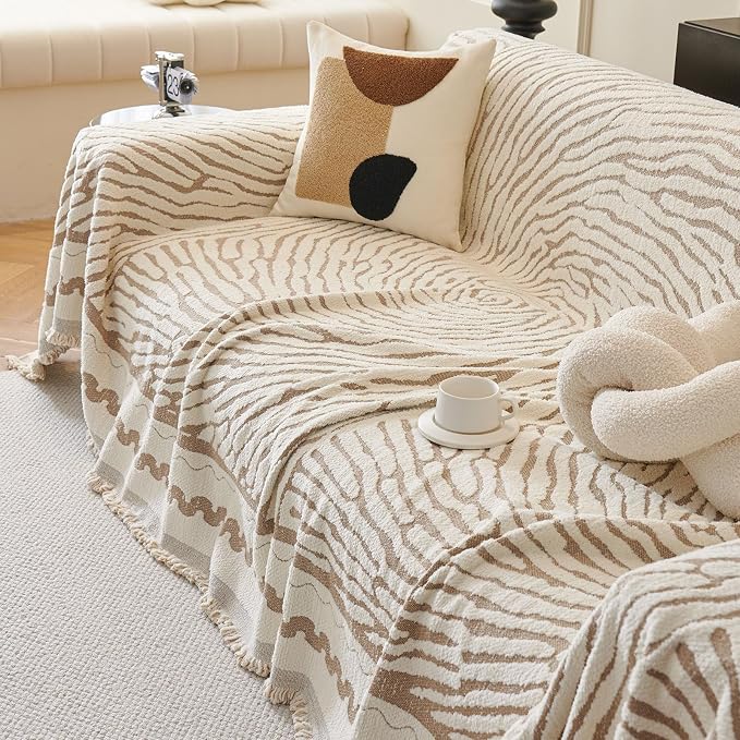 ROOMLIFE Thicked Striped Couch Cover with Tassel Khaki Chenille Sofa Cover Blanket for Sectional Sofa, Soft Sofa Slipcovers for L Shaped Love Seat 2-3 Cushion Couch Anti Slip Sofa Protector, 71"x118" | Sofa Cover Blanket for Sectional Sofa, Soft Sofa S... - Image 2