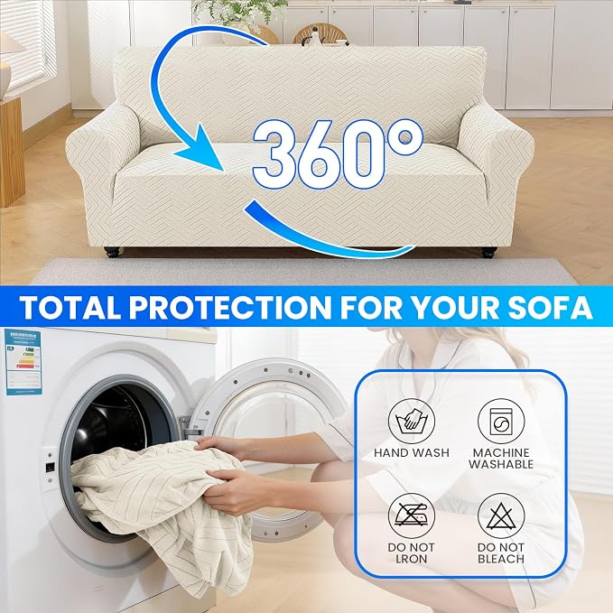 Stretch Sofa Cover Non-Slip Washable Furniture Protector | Stretch, 91"-110".Soft, Non Skid Foam, Elastic Bottom, Machine Washable, for Kids & Pets, Couch & Sofa, Beige White - Image 8