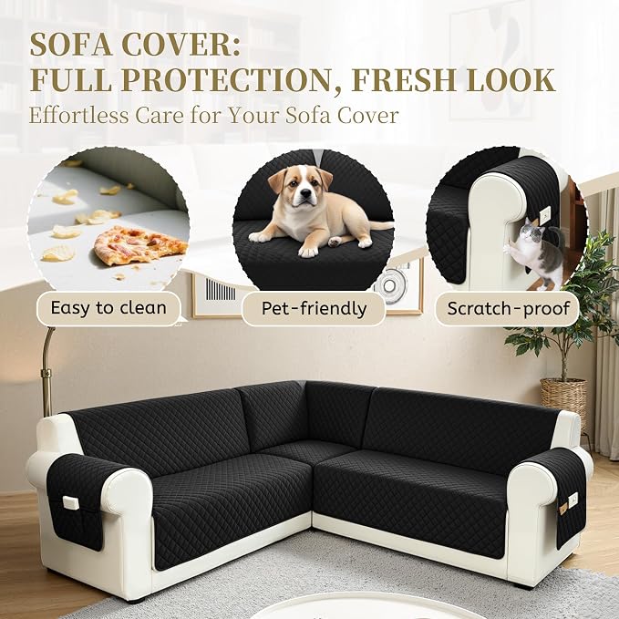 Sectional Couch Covers for Dogs 100% Waterproof Corner L Shaped Sofa Cover Pet Friendly Velvet Washable Anti Slip L Shape Modular Sofa Slipcover Protector with Pockets (Black, Large) - Image 4