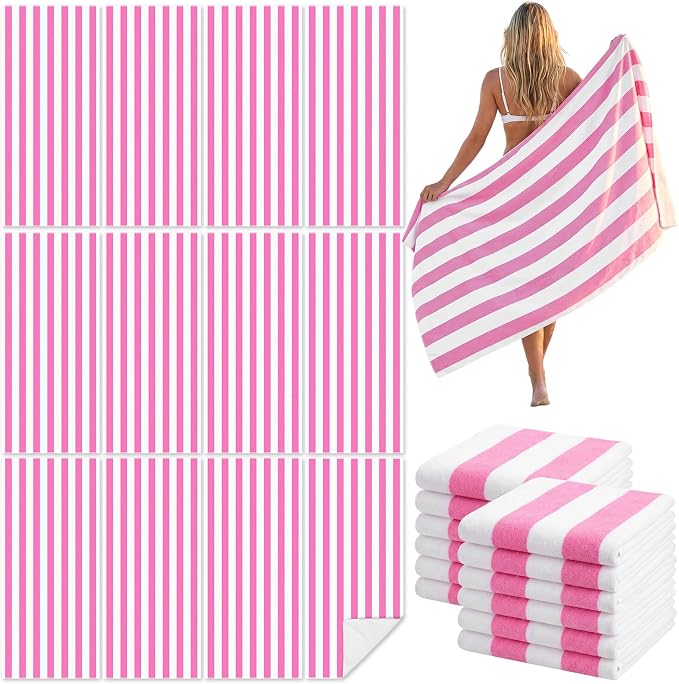 Frienda 12 Pack Pink Striped Beach Towels 71''x 32'' Large Microfiber Quick Dry Absorbent Bath Towels for Swimming Pool Beach Cruise Travel Gym Supplies by Frienda