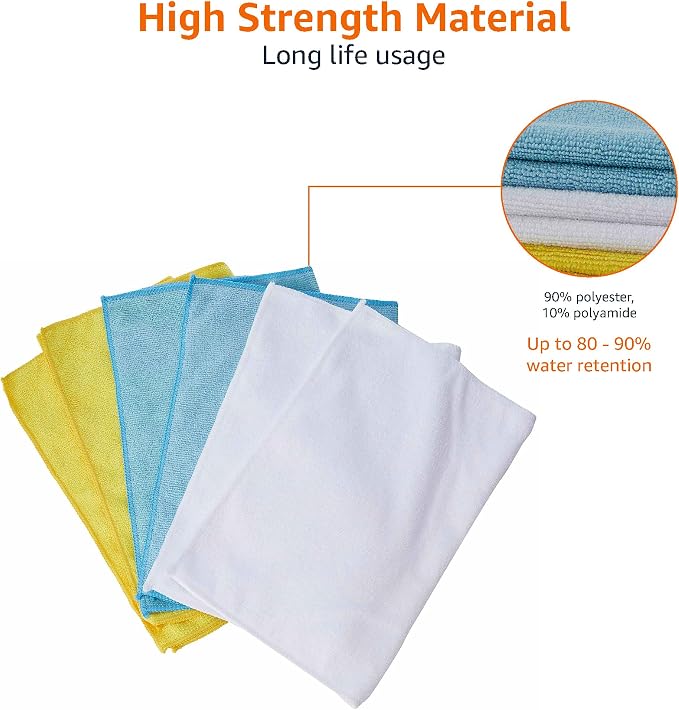 Amazon Basics Microfiber Cleaning Cloths, Ultra Absorbent, Scratch-Free, Highly Absorbent, Non-Abrasive, Reusable and Washable, 16" x 12", Blue/White/Yellow, (Pack of 288) - Image 4